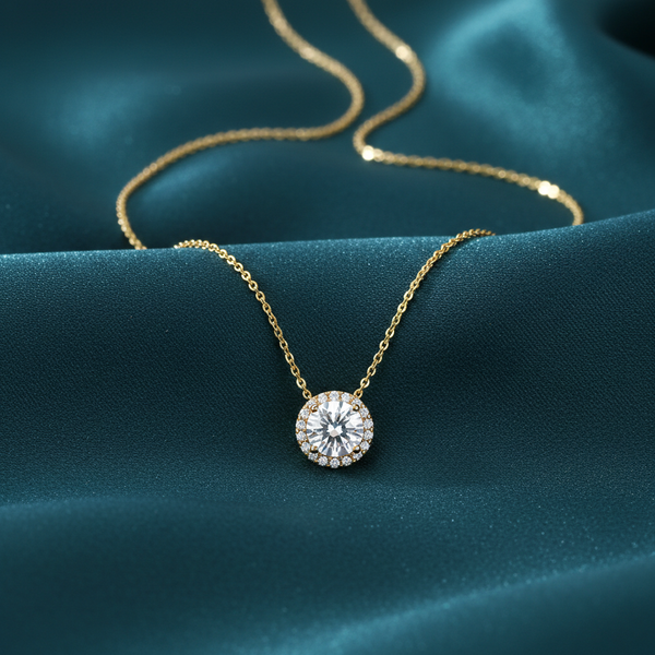 Gold diamond pendant necklace on teal silk background