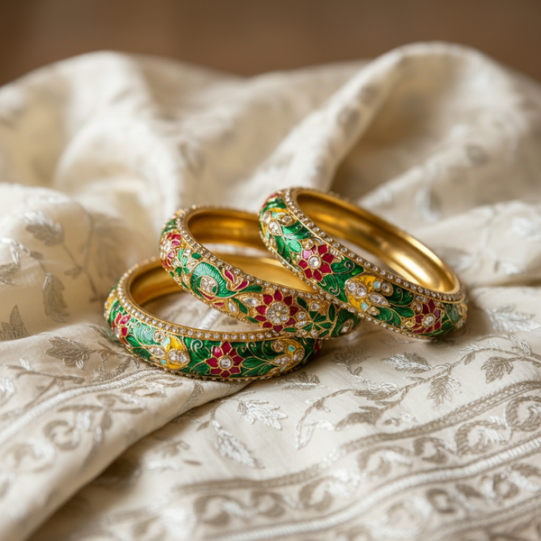 Kundan Meenakari Bangle Set on ivory silk dupatta