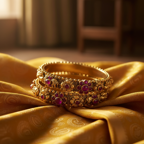 Temple Motif Ruby Kada on mustard yellow silk saree