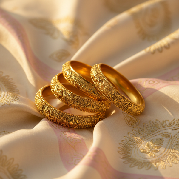 Royal Gold Bangle Set on cream and pastel pink silk fabric