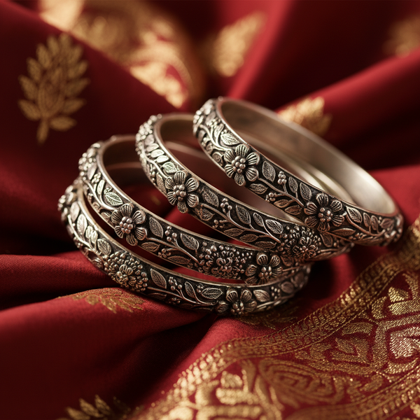 Antique Silver Filigree Bangle Set on red silk fabric